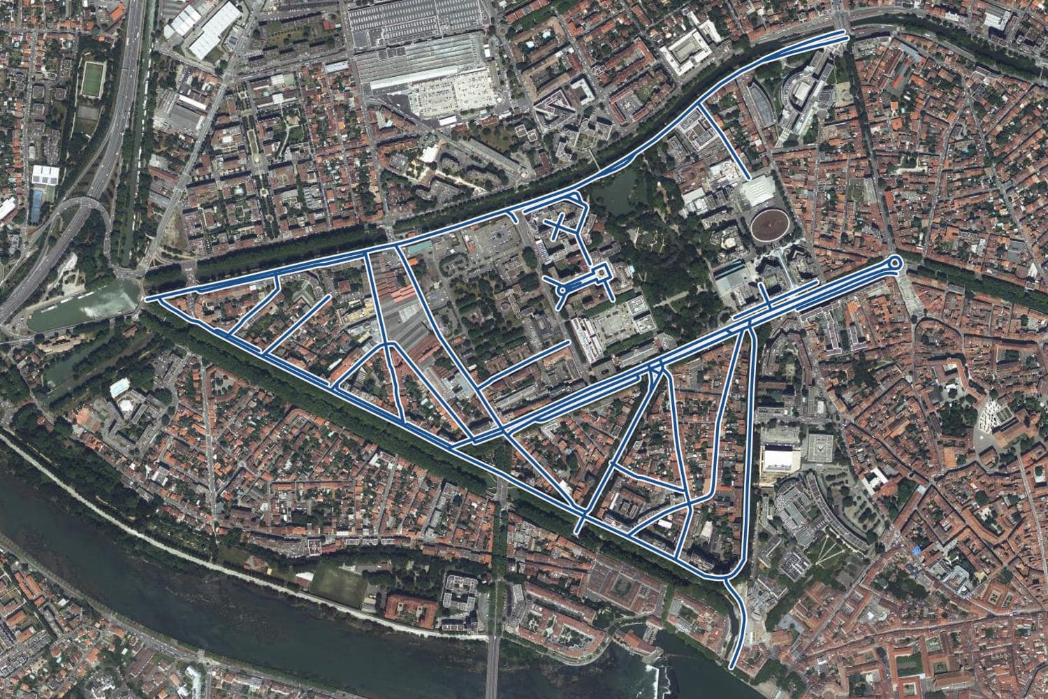 Vue aérienne du quartier de Compans-Caffarelli à Toulouse, les 20 rues qui ont un prix au m² tracées en bleu