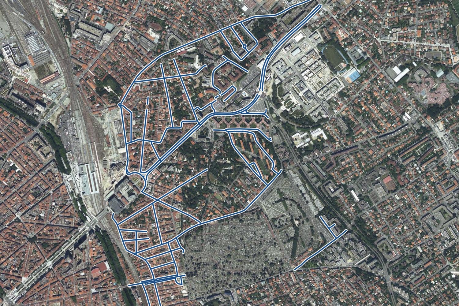 Vue aérienne du quartier de Jolimont à Toulouse, les 36 rues qui ont un prix au m² tracées en bleu