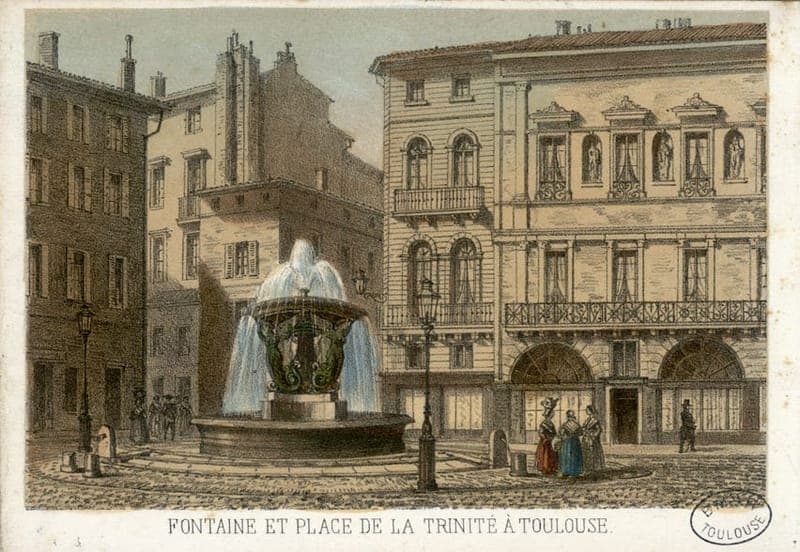 Lithographie en couleurs d'une place avec fontaine et passants en costume