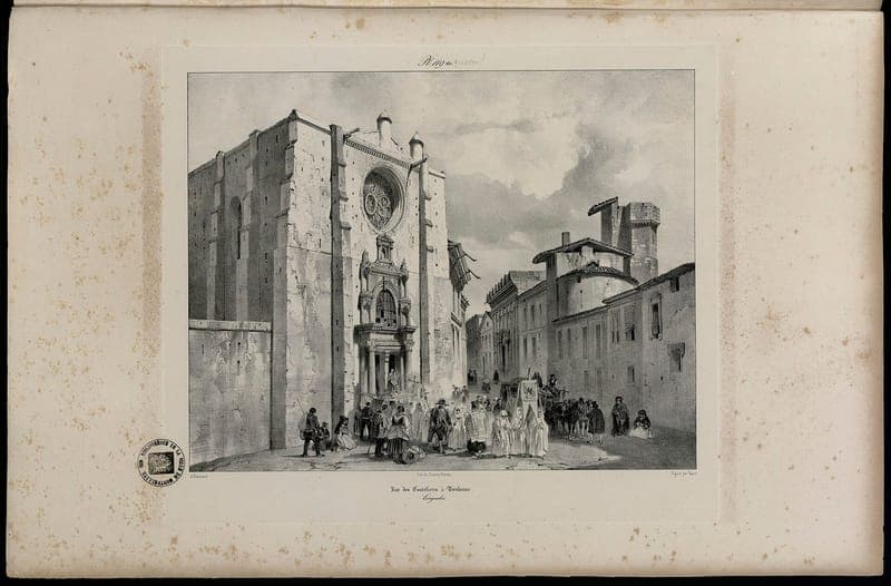 Lithographie ancienne : une église de brique et un cortège dans une rue, légende « Rue des Couteliers »