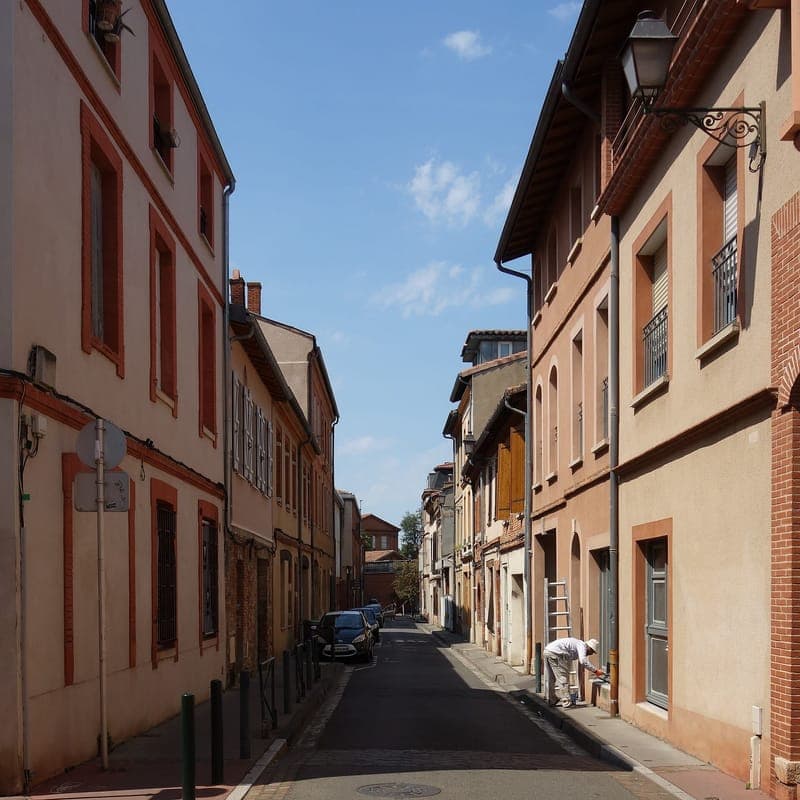 Rue étroite aux façades roses et crème encadrées de brique, ciel bleu, peintre sur un escabeau