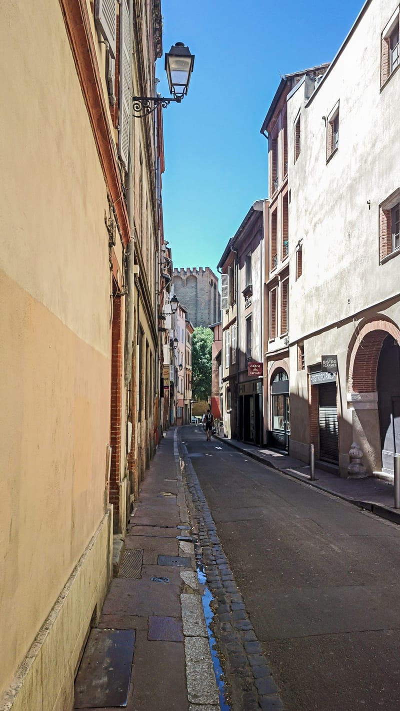 La rue des Polinaires, vue de la place des Carmes, avec au fond la tour de la basilique de la Dalbade, en 2016.