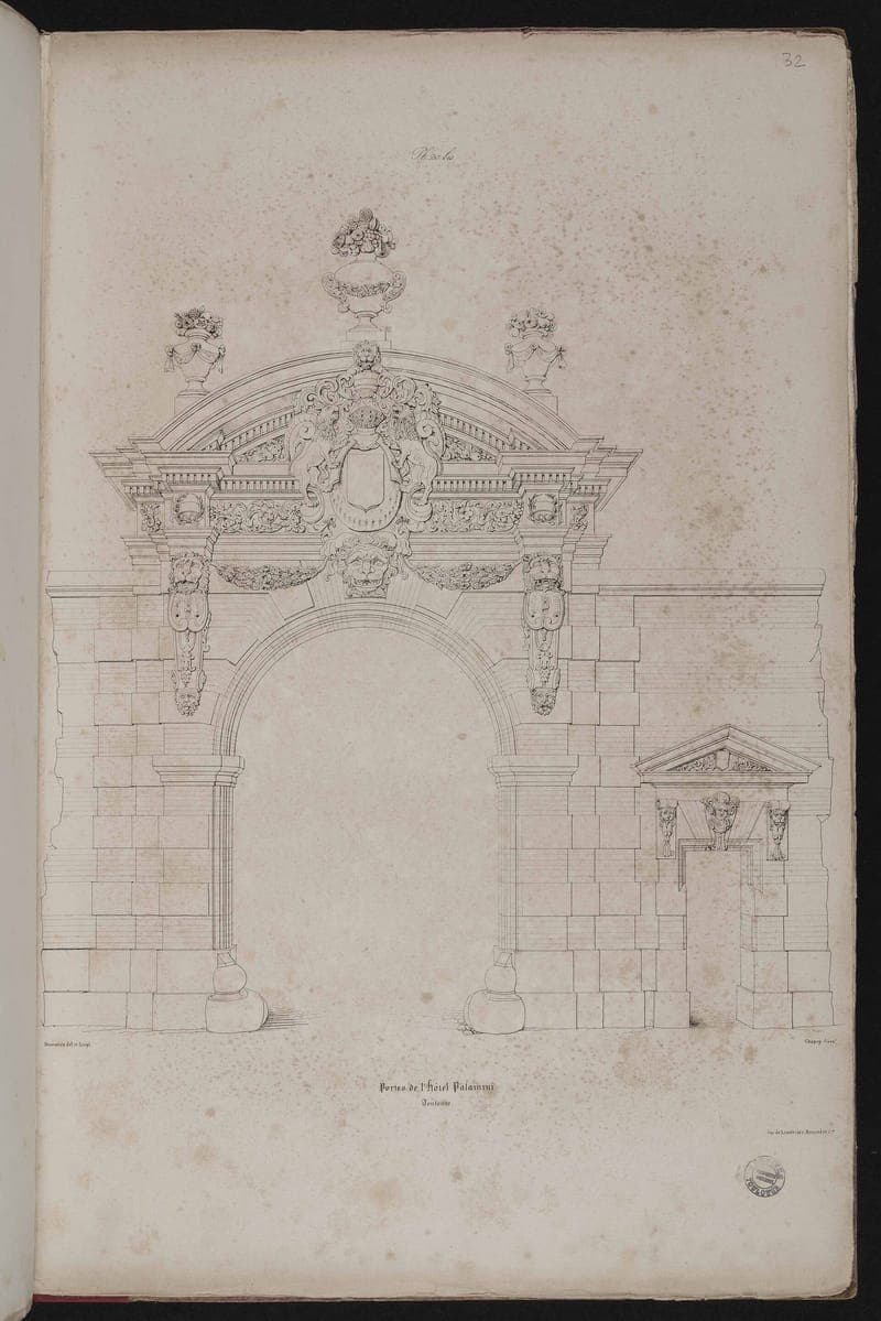 Les portes de l’hôtel Palaminy, 45 rue des Tourneurs, planche de 1833.